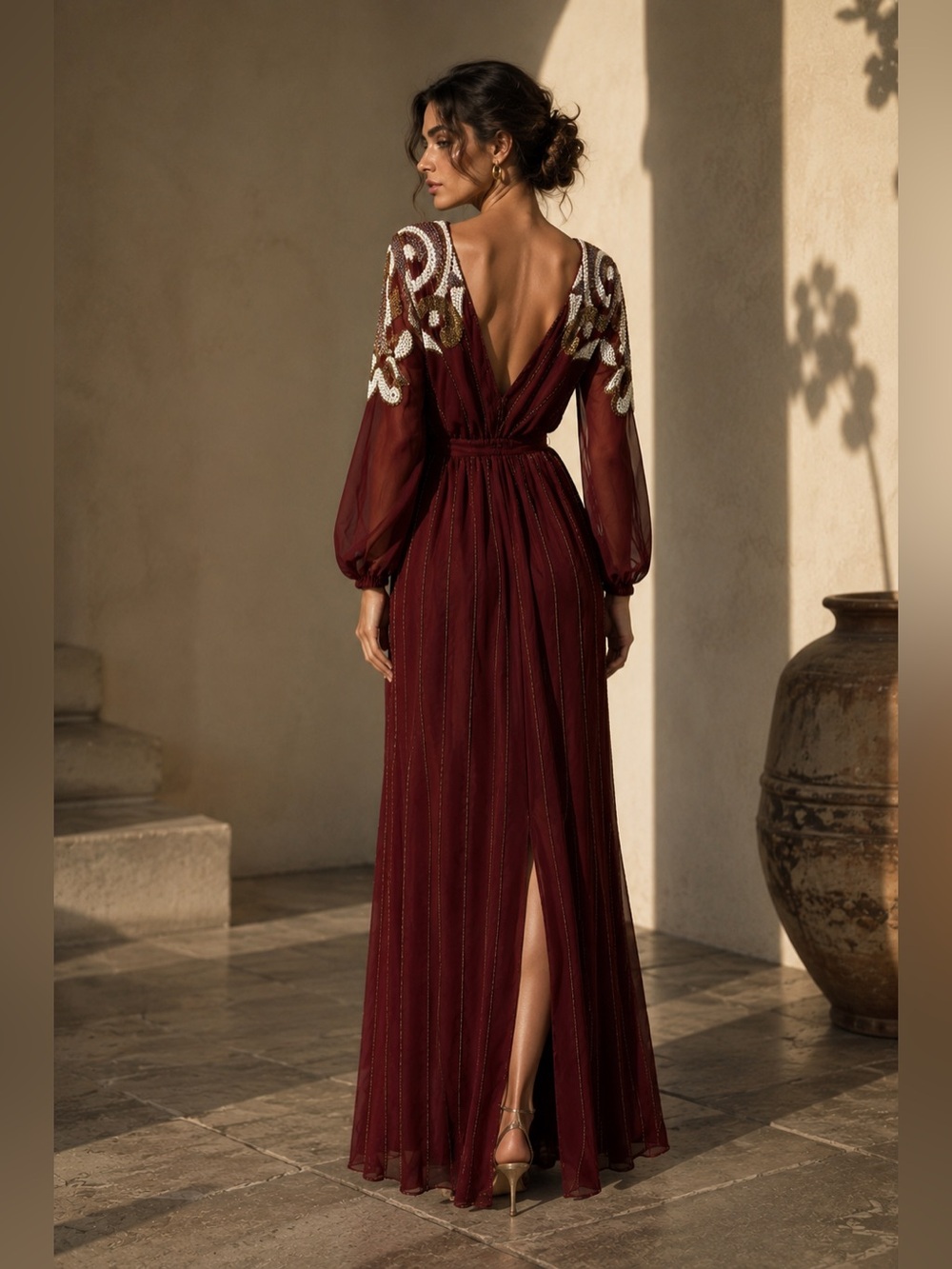 Vintage Randy Collections Beaded Burgundy Chiffon Maxi Dress